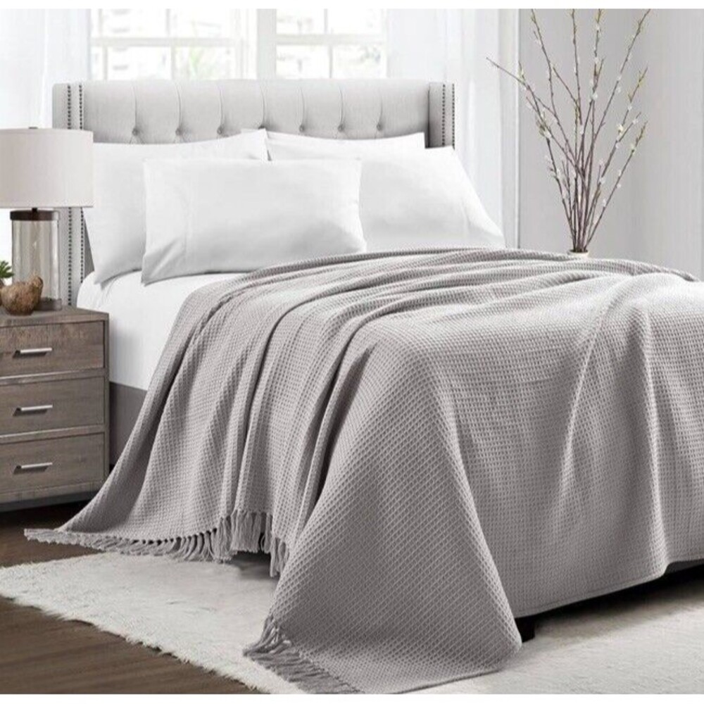 Waffle Cotton Knit Throw Light Gray‎ Full/Queen Blanket Tassel Fringe Boho NEW